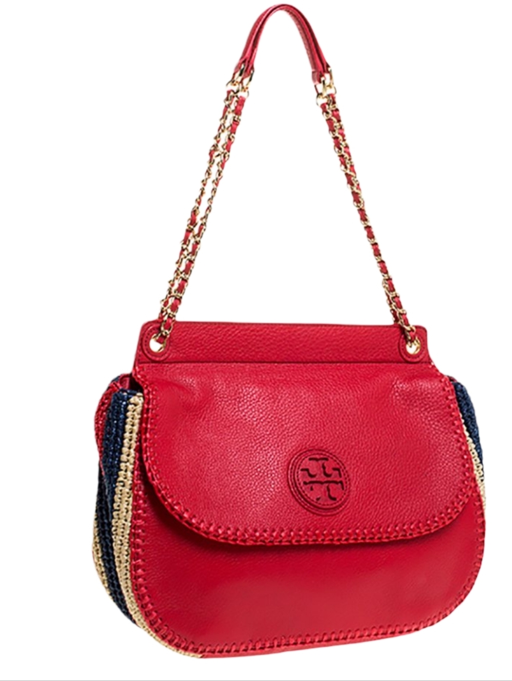 Tory Burch Red Leather and Straw Marion Saddle Bag